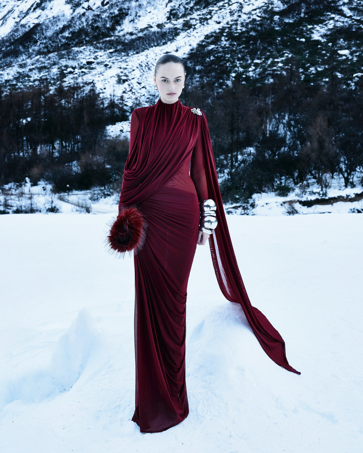 (PRE-ORDER) High-Neck Draped Pleated Dress With Asymmetric Ruched Long Drape