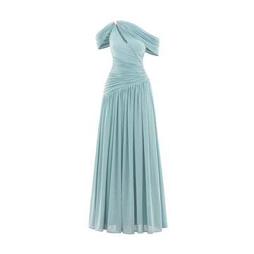 Draped Off-Shoulder Stretch Mesh Dress
