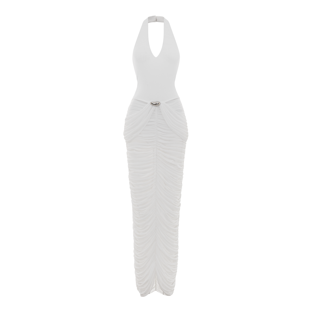 Deep V-neck Jersey Dress With Ruched Mesh Draping