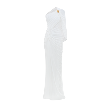 Long One-Shoulder Mesh Dress with Floral Button