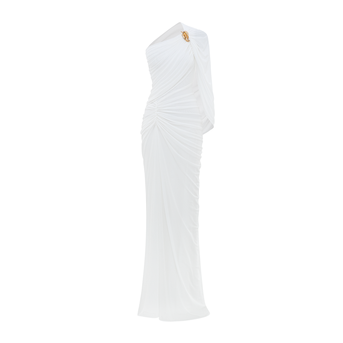 Long One-Shoulder Mesh Dress with Floral Button