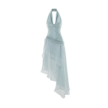 (PRE-ORDER) Draped Cowl-Neck Silk Dress With Layered Organza Skirt