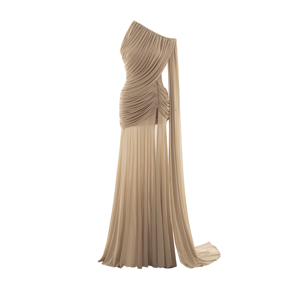 Asymmetric Ruched Mesh Dress