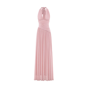 Ruched Stretch Mesh Maxi Dress With Neck Bow