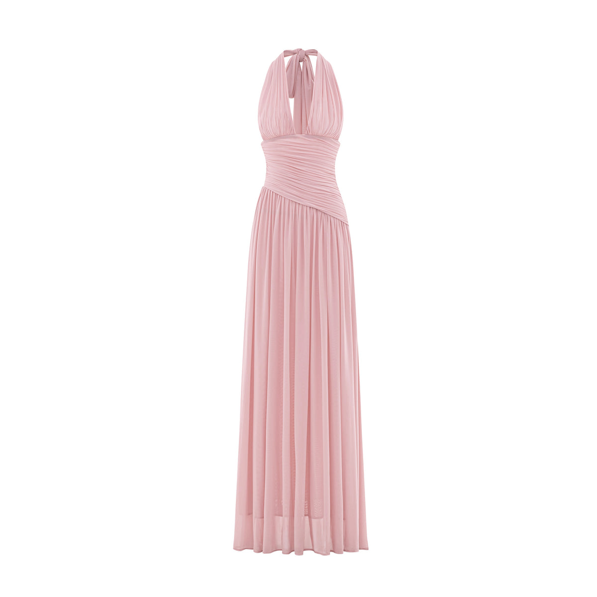 Ruched Stretch Mesh Maxi Dress With Neck Bow