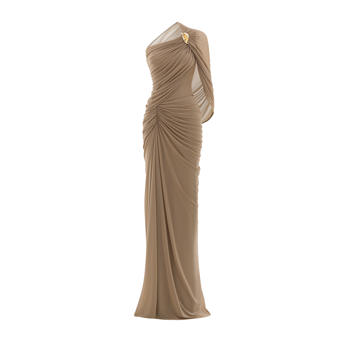 (PRE-ORDER) Long One-Shoulder Mesh Dress with Floral Button