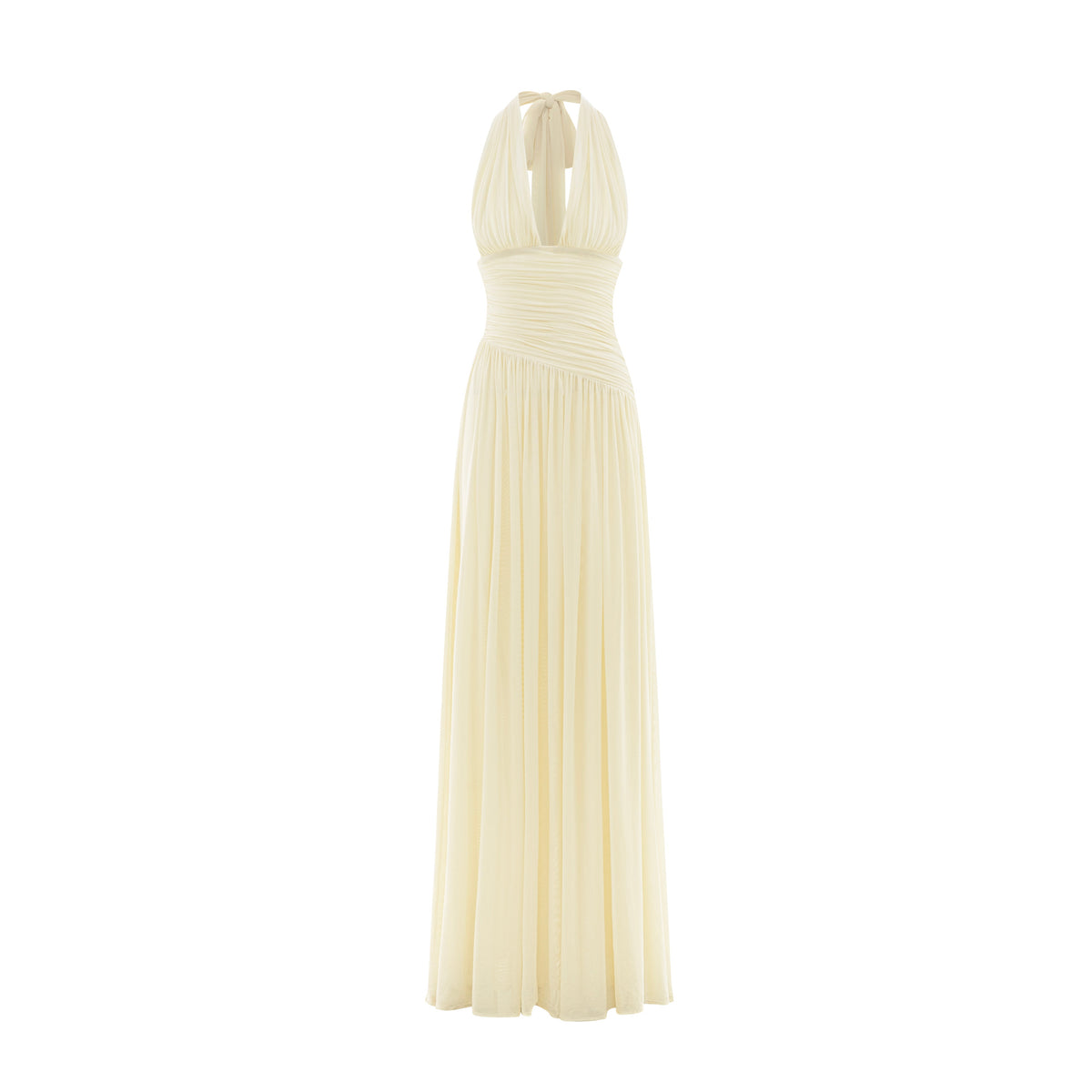 Ruched Stretch Mesh Maxi Dress With Neck Bow