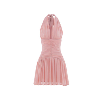Ruched Stretch Mesh Mini Dress With Neck Bow