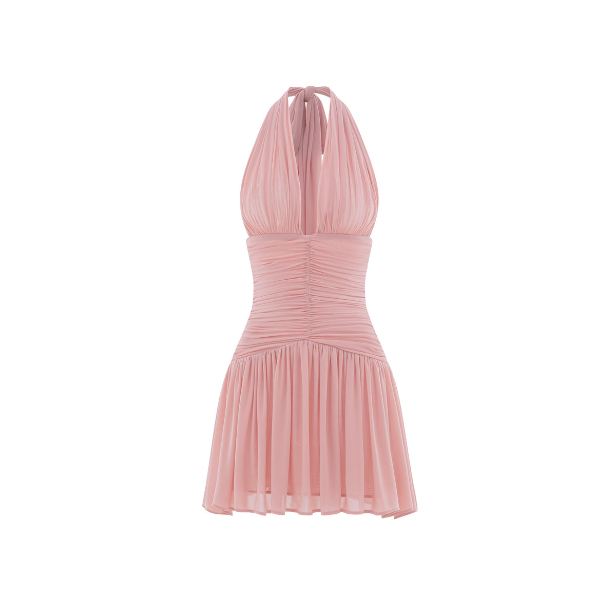 Ruched Stretch Mesh Mini Dress With Neck Bow