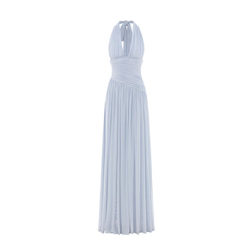 Ruched Stretch Mesh Maxi Dress With Neck Bow