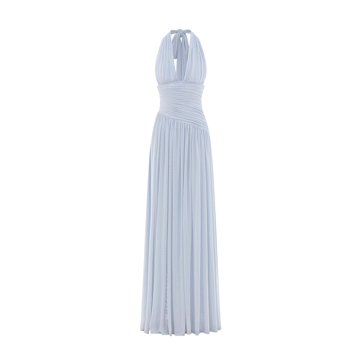 Ruched Stretch Mesh Maxi Dress With Neck Bow