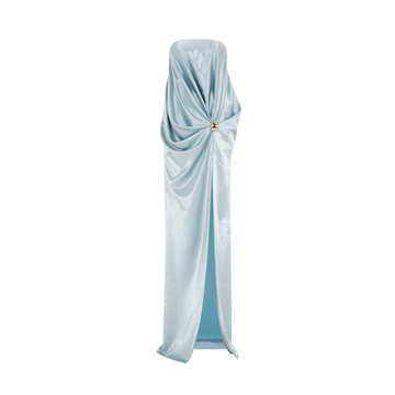 Strapless Pleated Silk Slit Dress