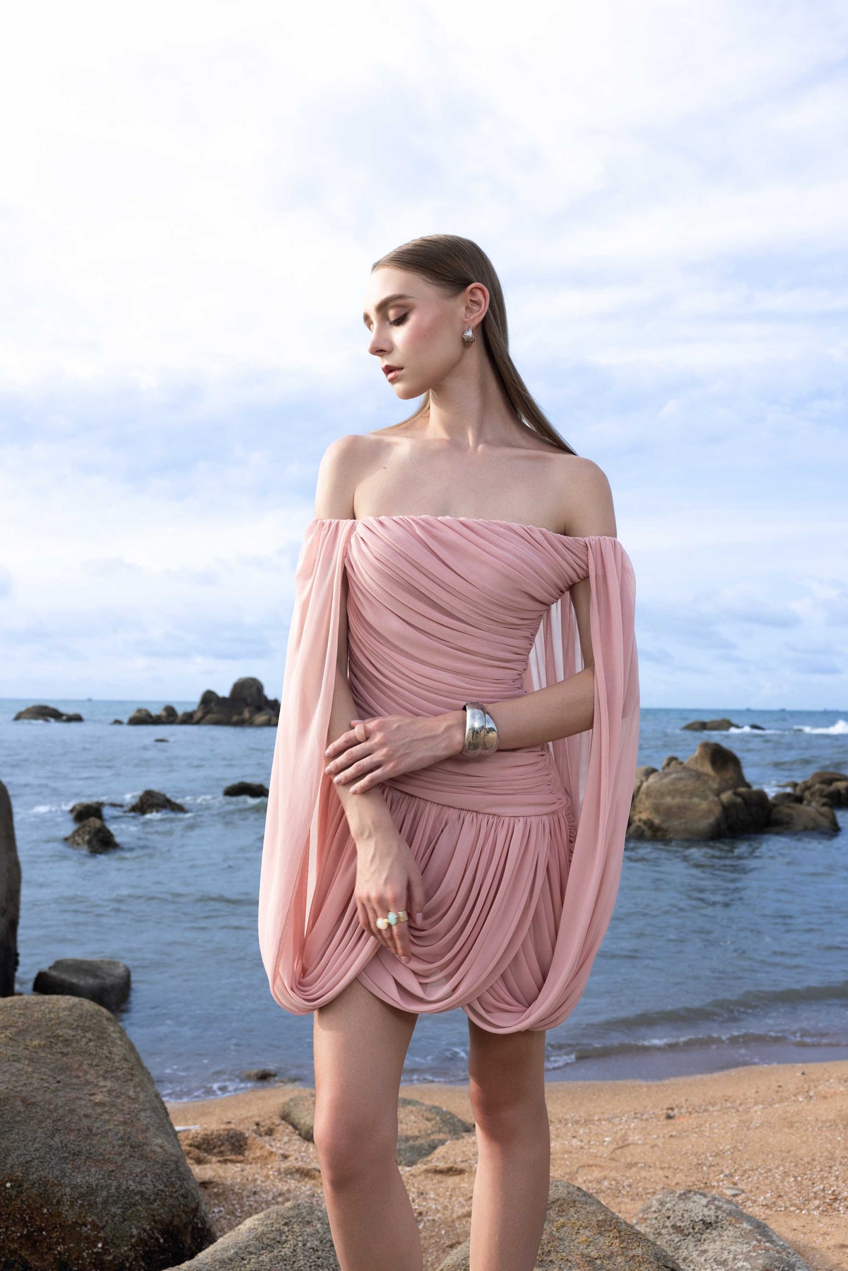 Off-Shoulder Ruched Short Cape Dress