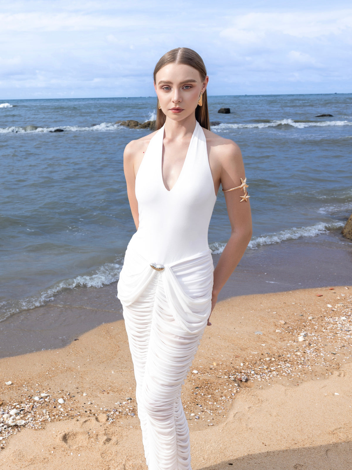 Deep V-neck Jersey Dress With Ruched Mesh Draping
