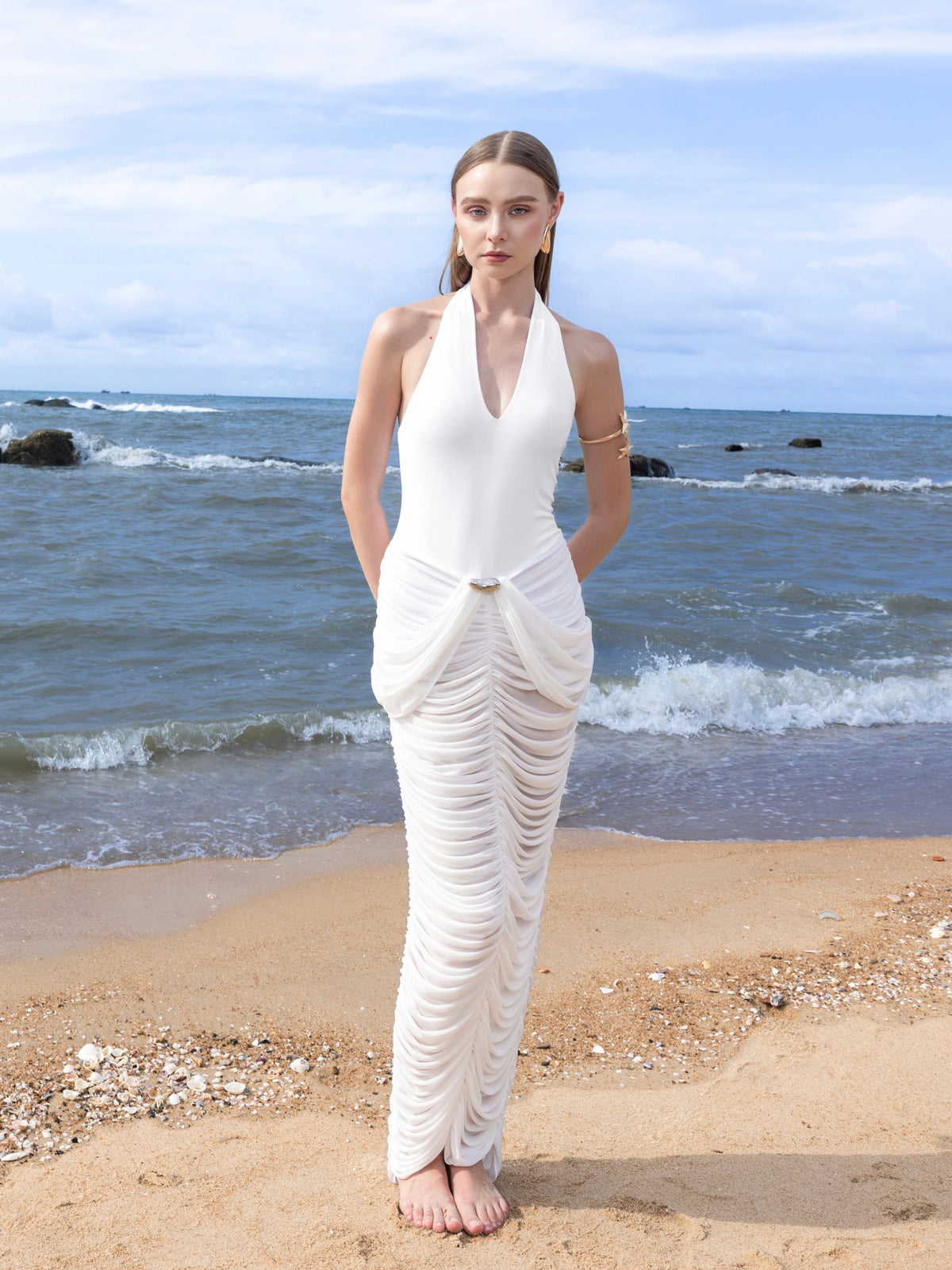 Deep V-neck Jersey Dress With Ruched Mesh Draping