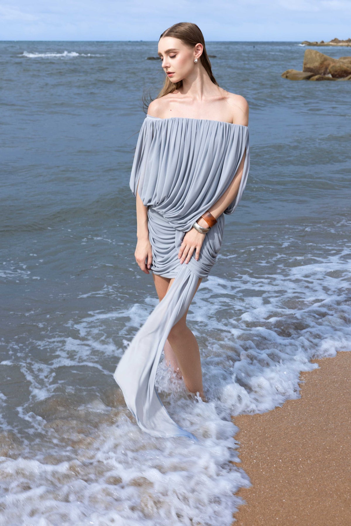 Off-Shoulder Draped Ruched Mesh Mini Dress With Long Train