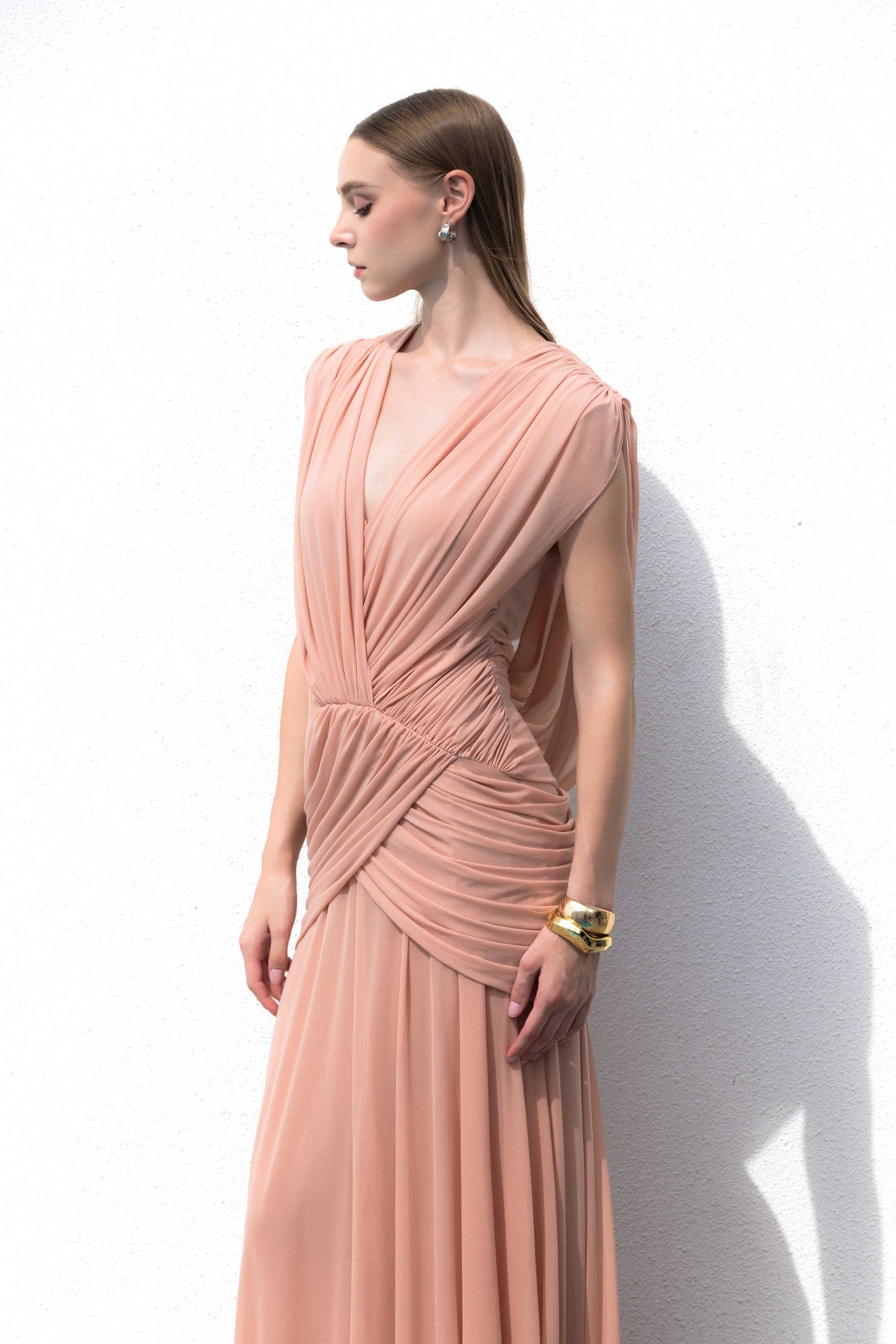 (PRE-ORDER) V-Neck Ruched Stretch Mesh Dress