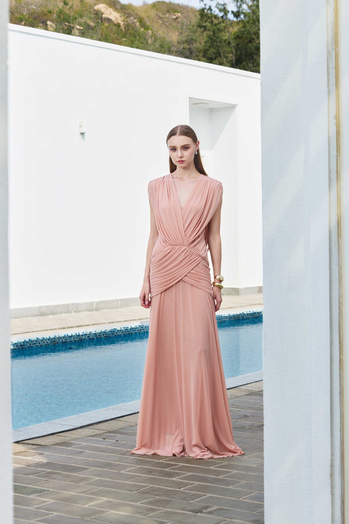(PRE-ORDER) V-Neck Ruched Stretch Mesh Dress