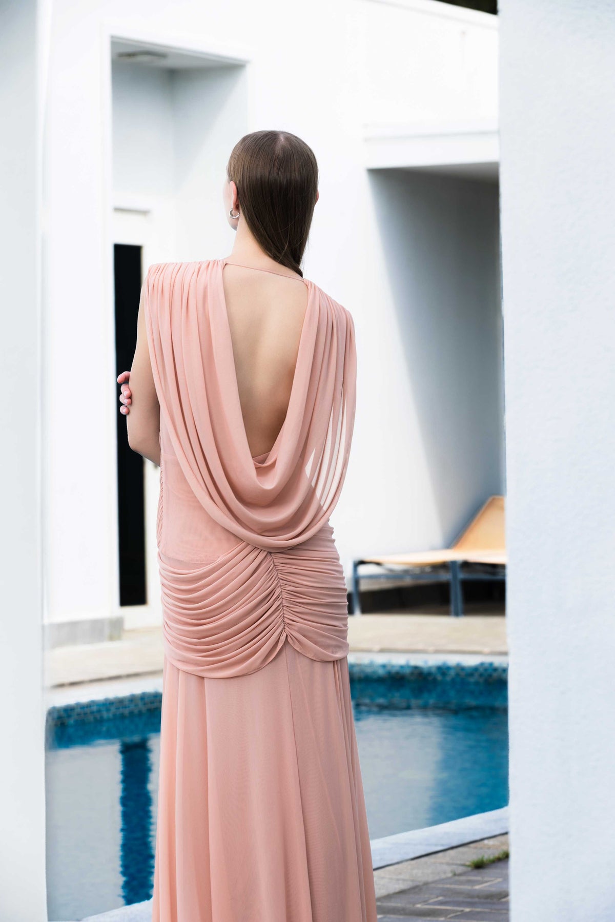 (PRE-ORDER) V-Neck Ruched Stretch Mesh Dress