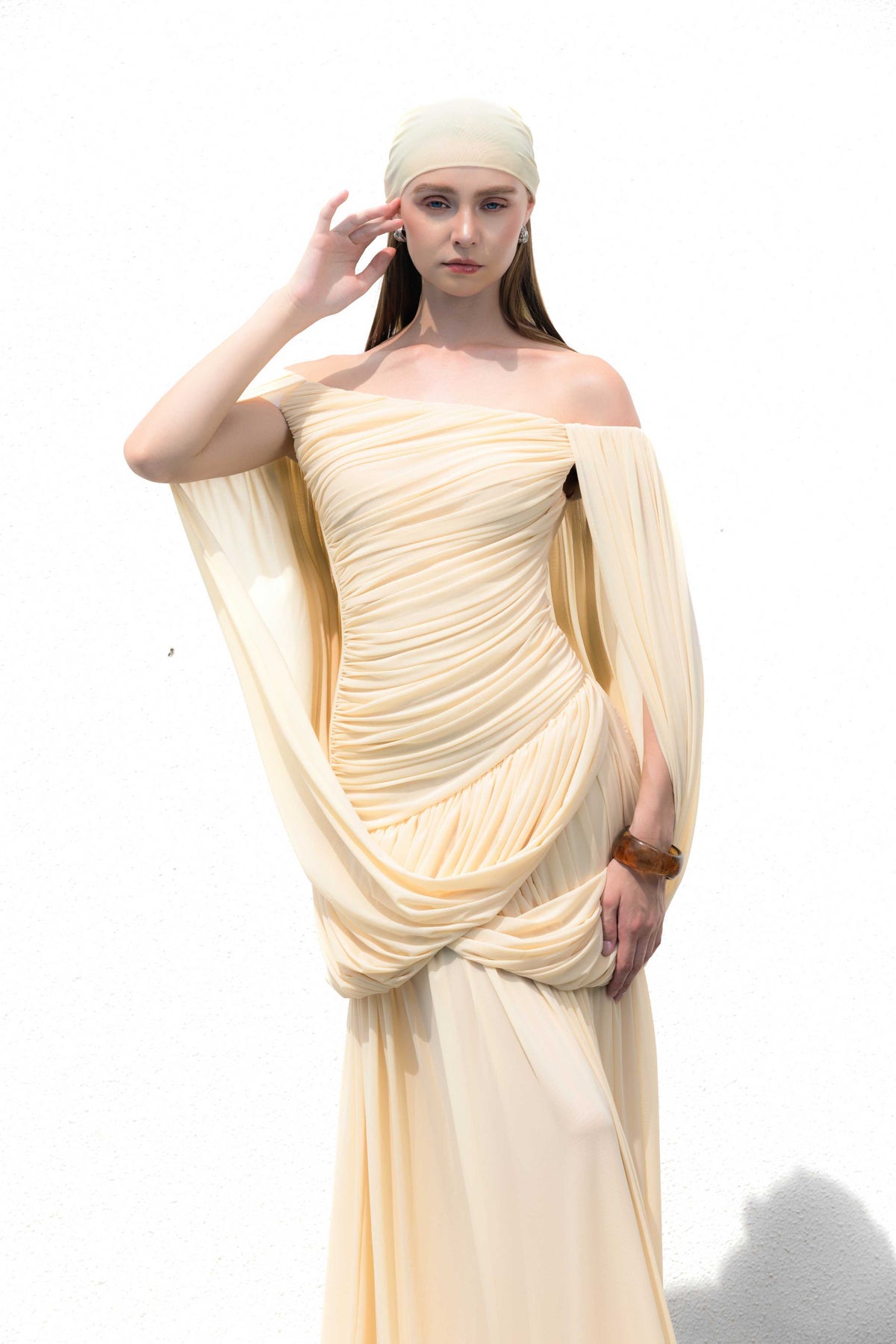 Off Shoulder Ruched Cape Dress