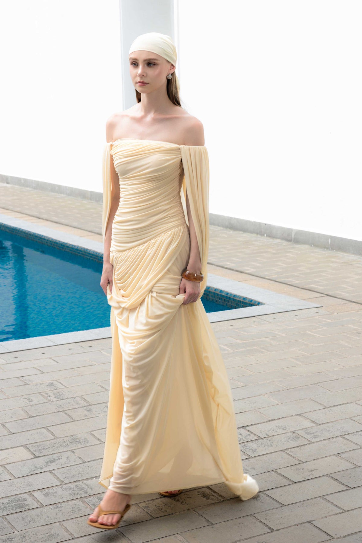 Off Shoulder Ruched Cape Dress