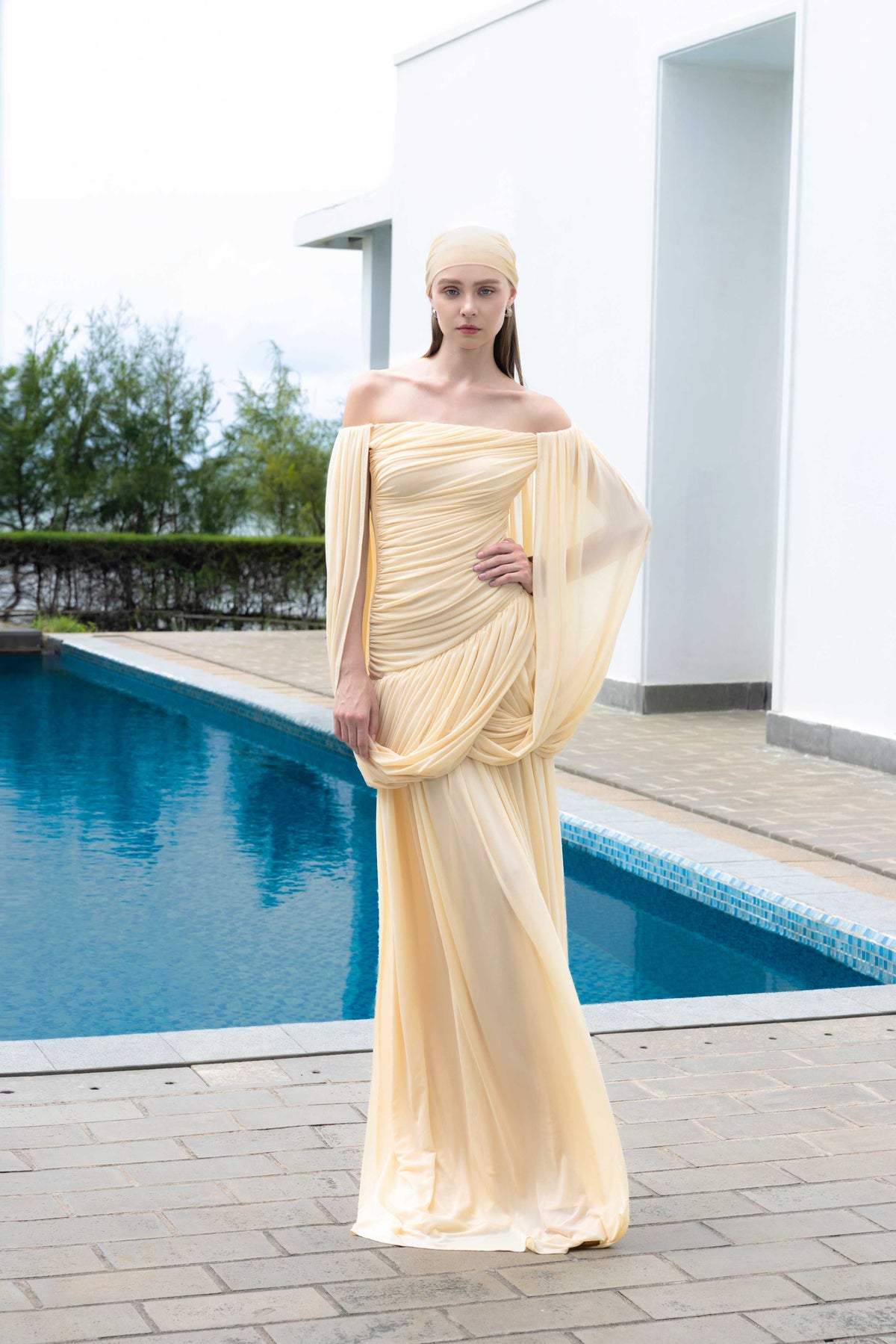 Off Shoulder Ruched Cape Dress