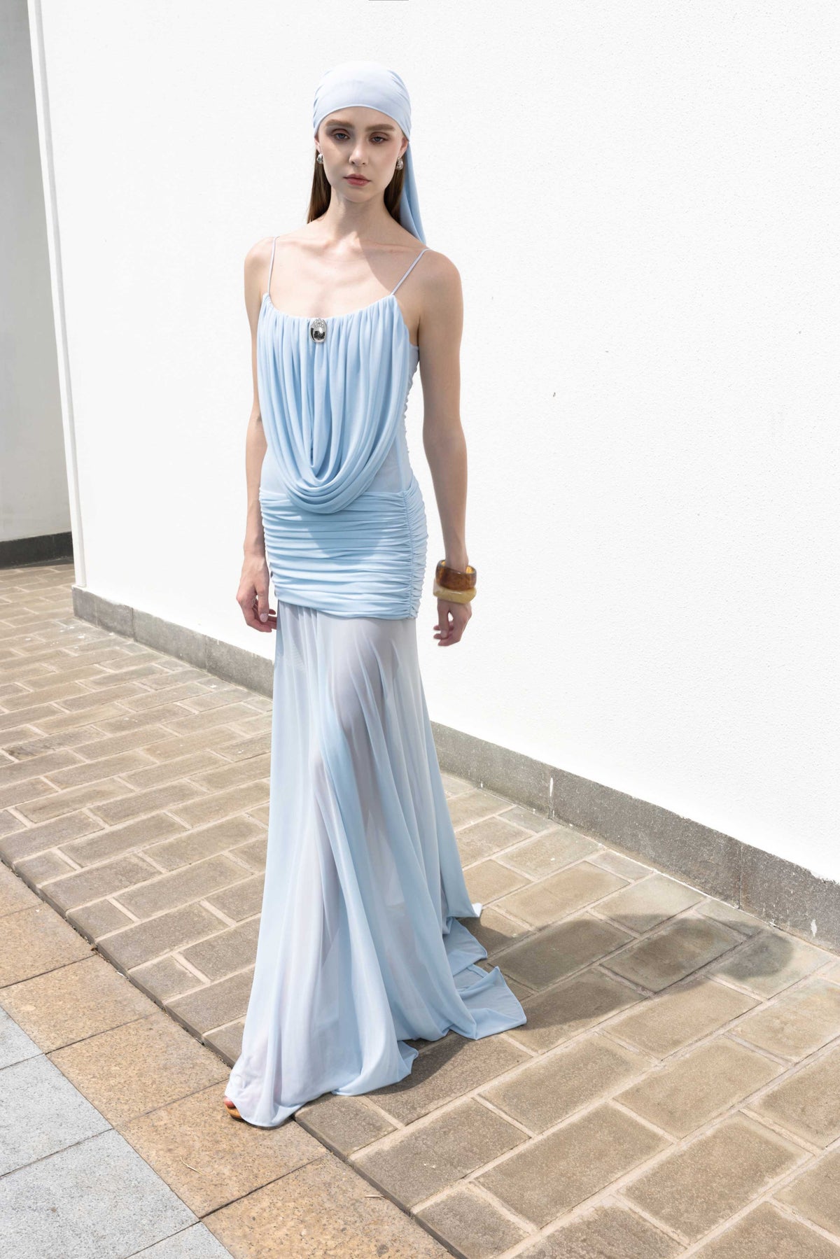 (PRE-ORDER) Cowl-Neck Ruched Stretch Mesh Gown