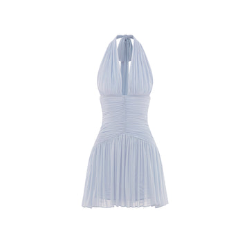 Ruched Stretch Mesh Mini Dress With Neck Bow