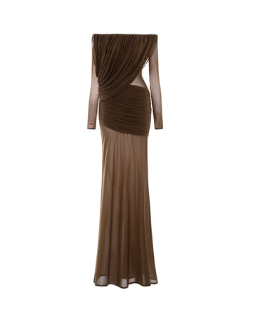 Off-Shoulder Draped Mesh Dress