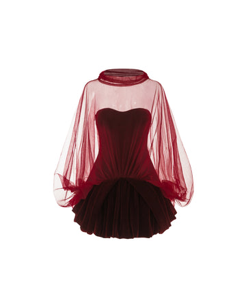 (PRE-ORDER) Red Velvet Panelled Cape Dress