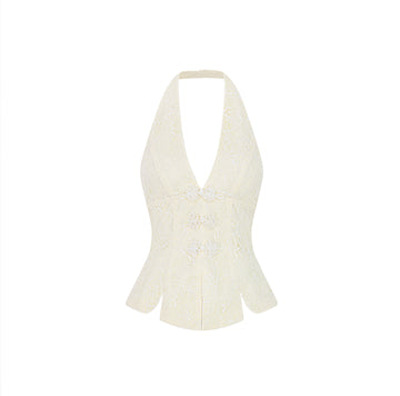 Premium Lace Halter Top with Rhinestone Floral Buttons