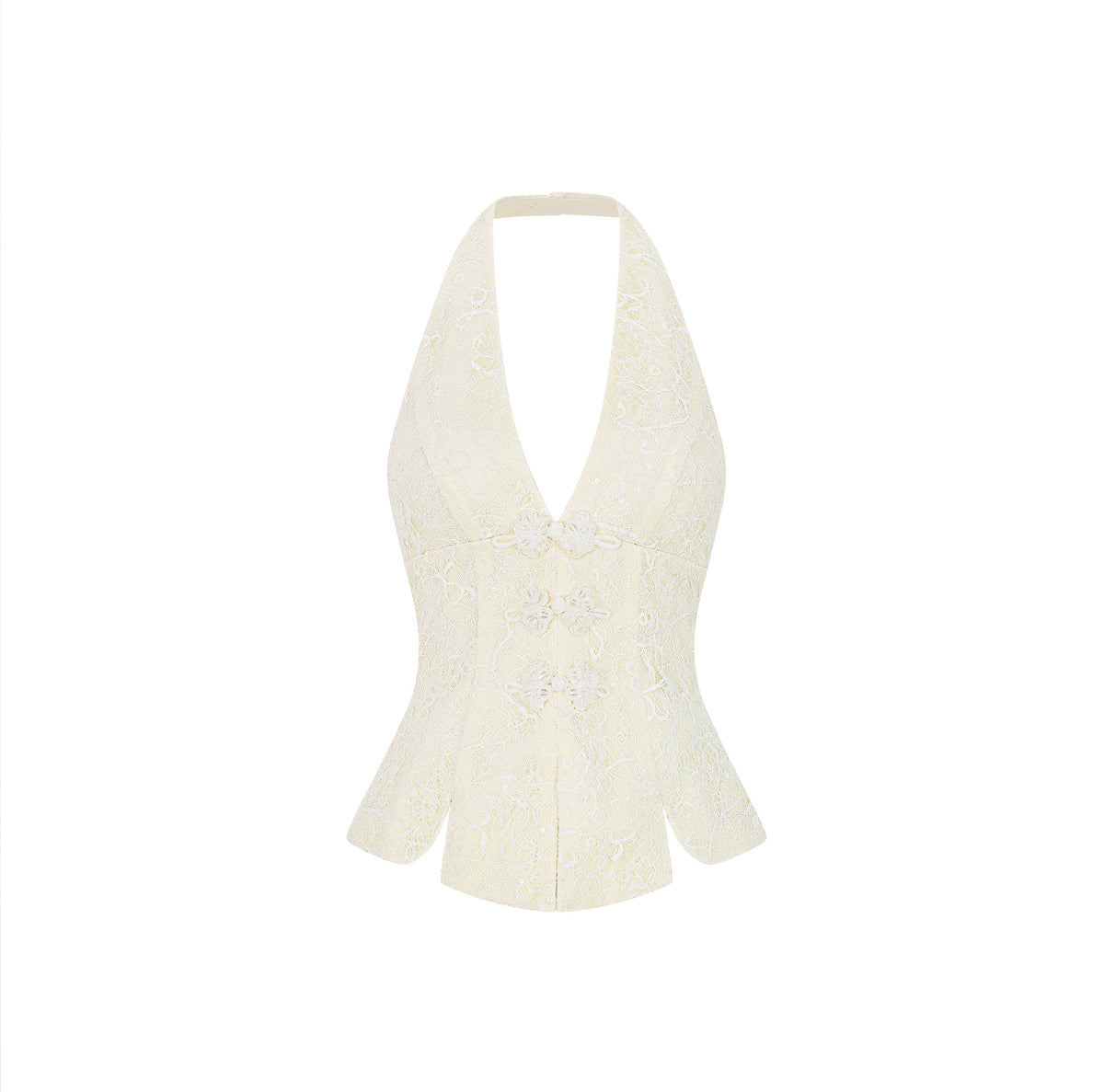 Premium Lace Halter Top with Rhinestone Floral Buttons