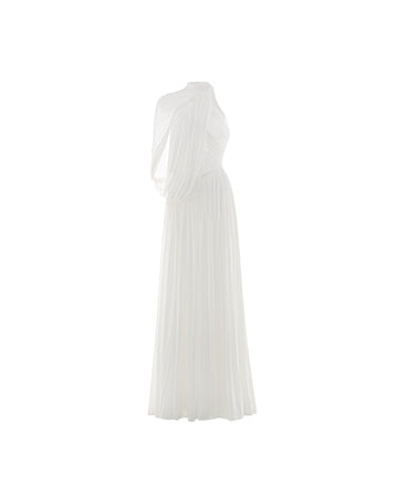 (PRE-ORDER) One-Shoulder Cape Ruched Flared Dress