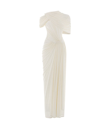 (PRE-ORDER) Draped Mesh Ruched Shoulder-Wrap Dress