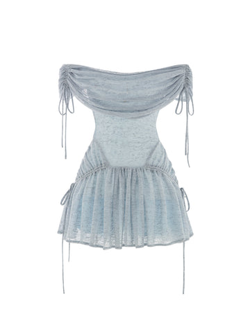 Blue Stretch Mesh Draped Shoulder Dress