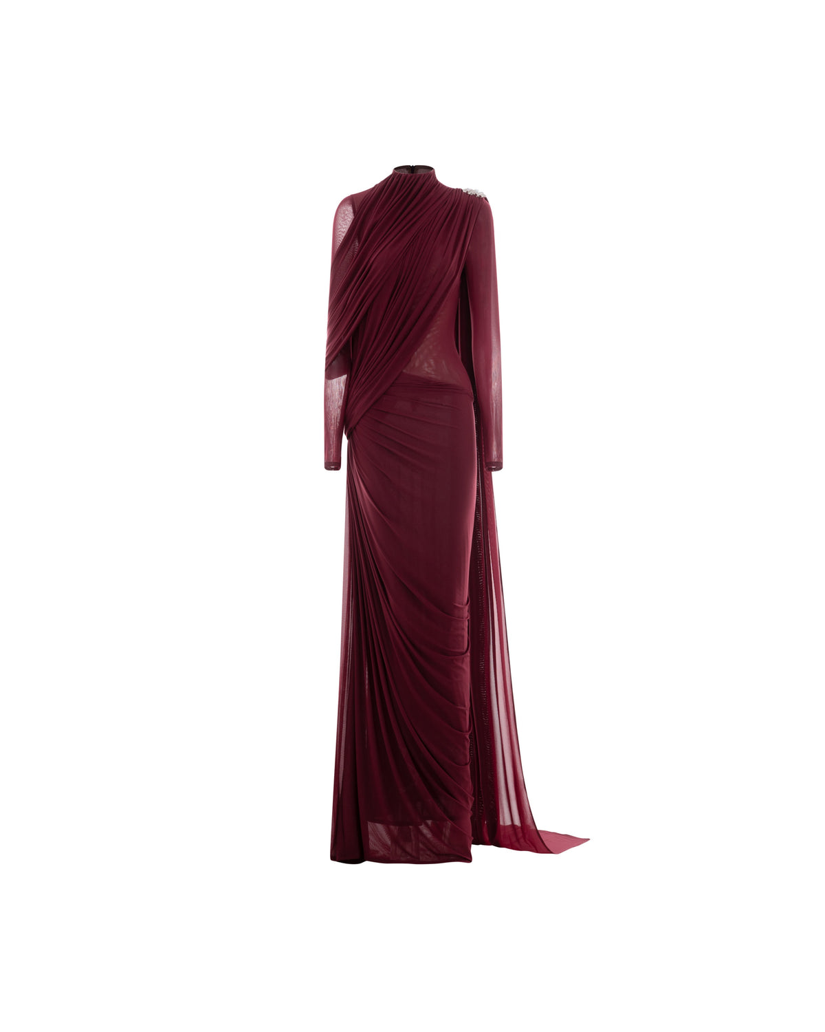 (PRE-ORDER) High-Neck Draped Pleated Dress With Asymmetric Ruched Long Drape