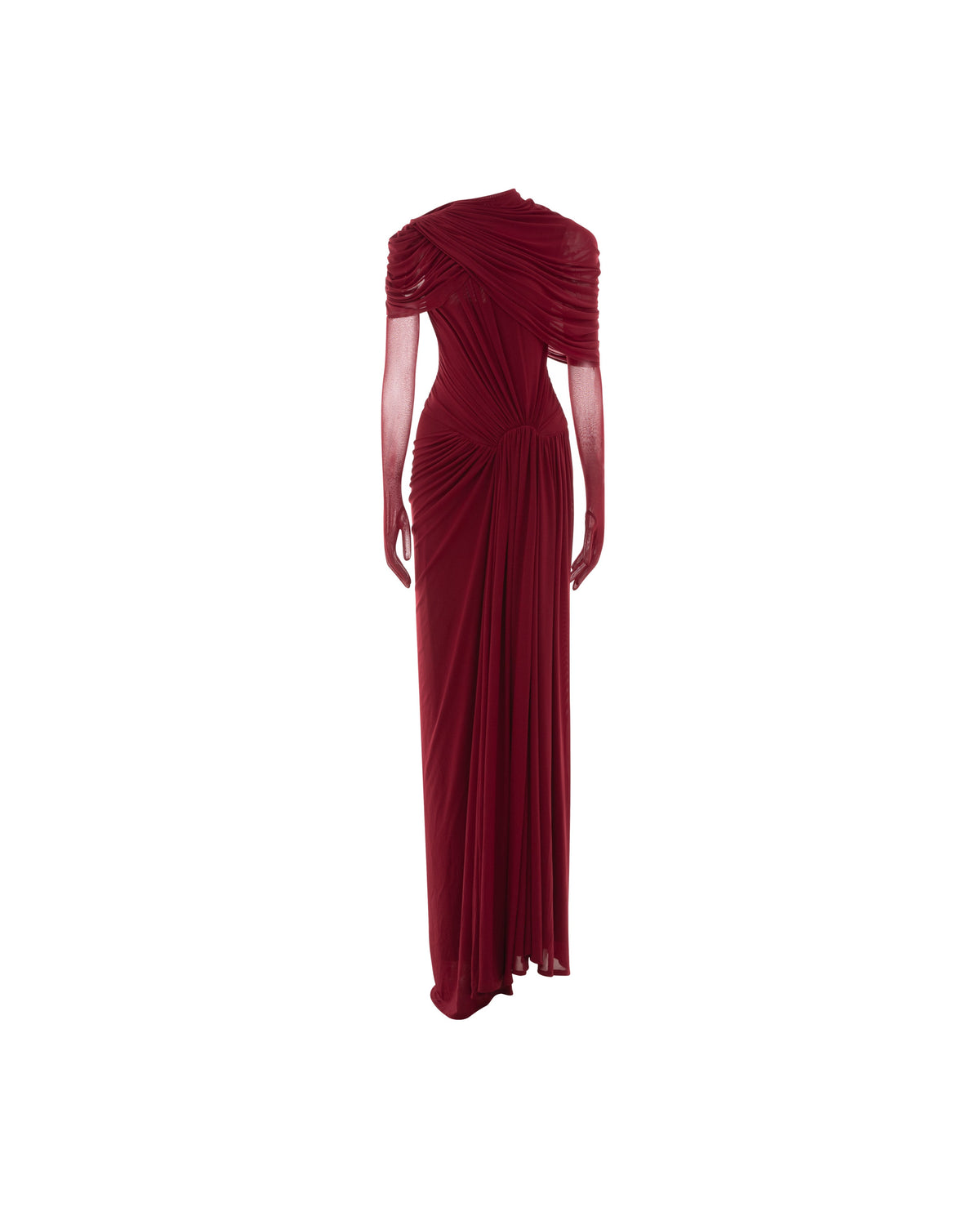 (PRE-ORDER) Draped Mesh Ruched Shoulder-Wrap Dress