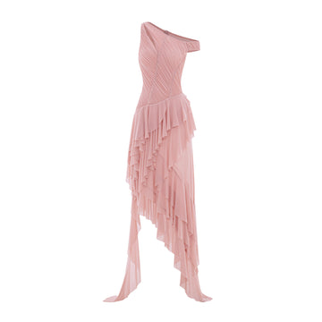 One-Shoulder Stretch Mesh Asymmetric Ruffle Dress