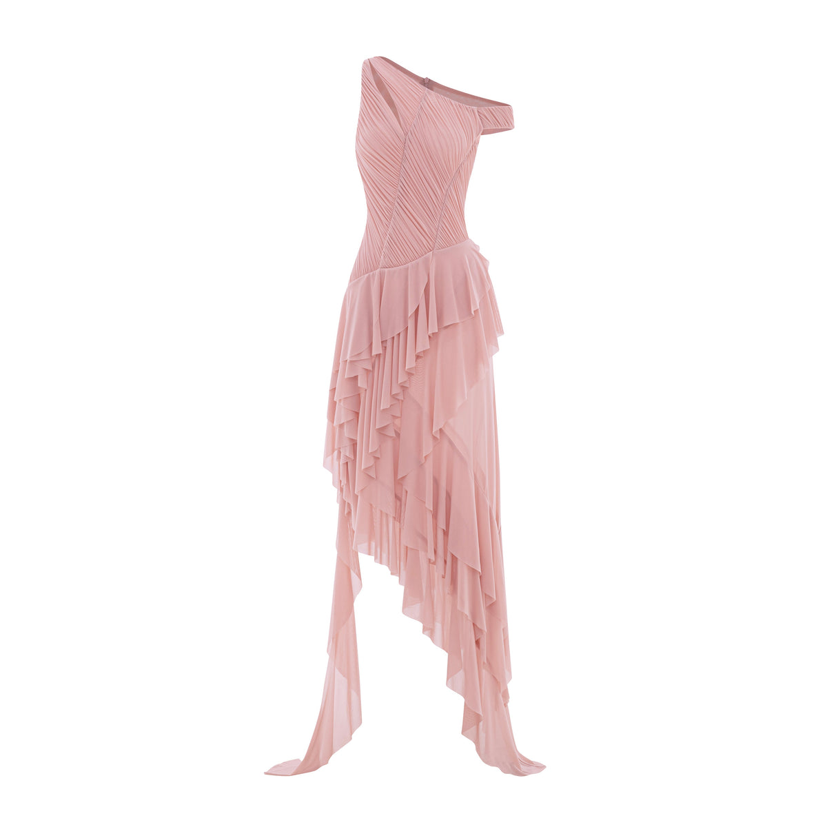 One-Shoulder Stretch Mesh Asymmetric Ruffle Dress