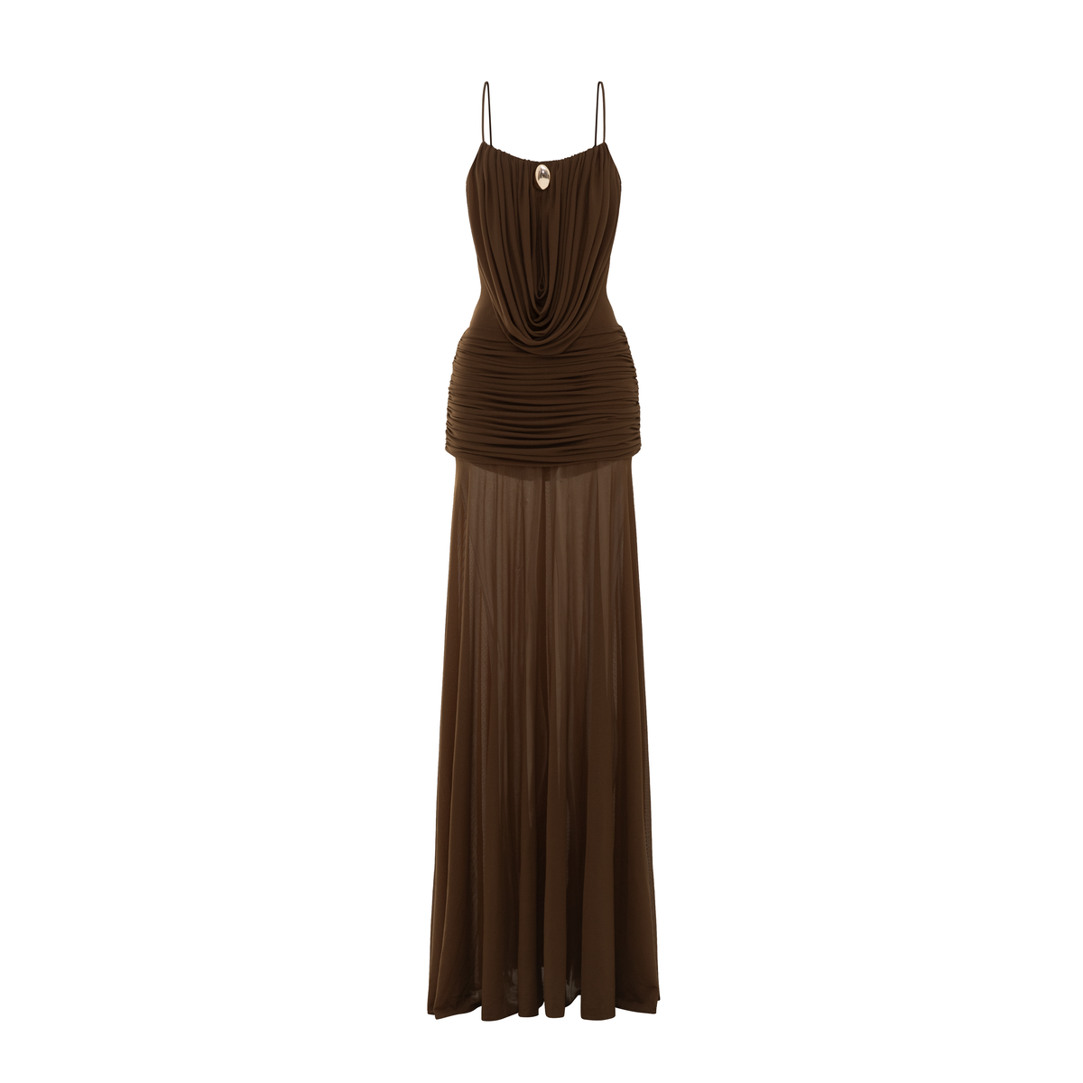 Cowl-Neck Ruched Stretch Mesh Gown
