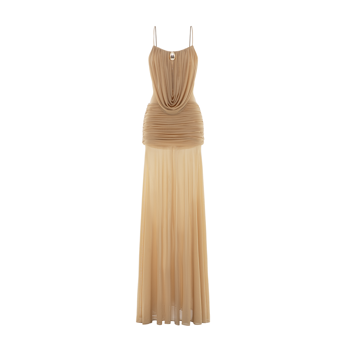 Cowl-Neck Ruched Stretch Mesh Gown