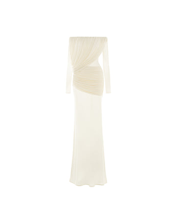 Off-Shoulder Draped Mesh Dress