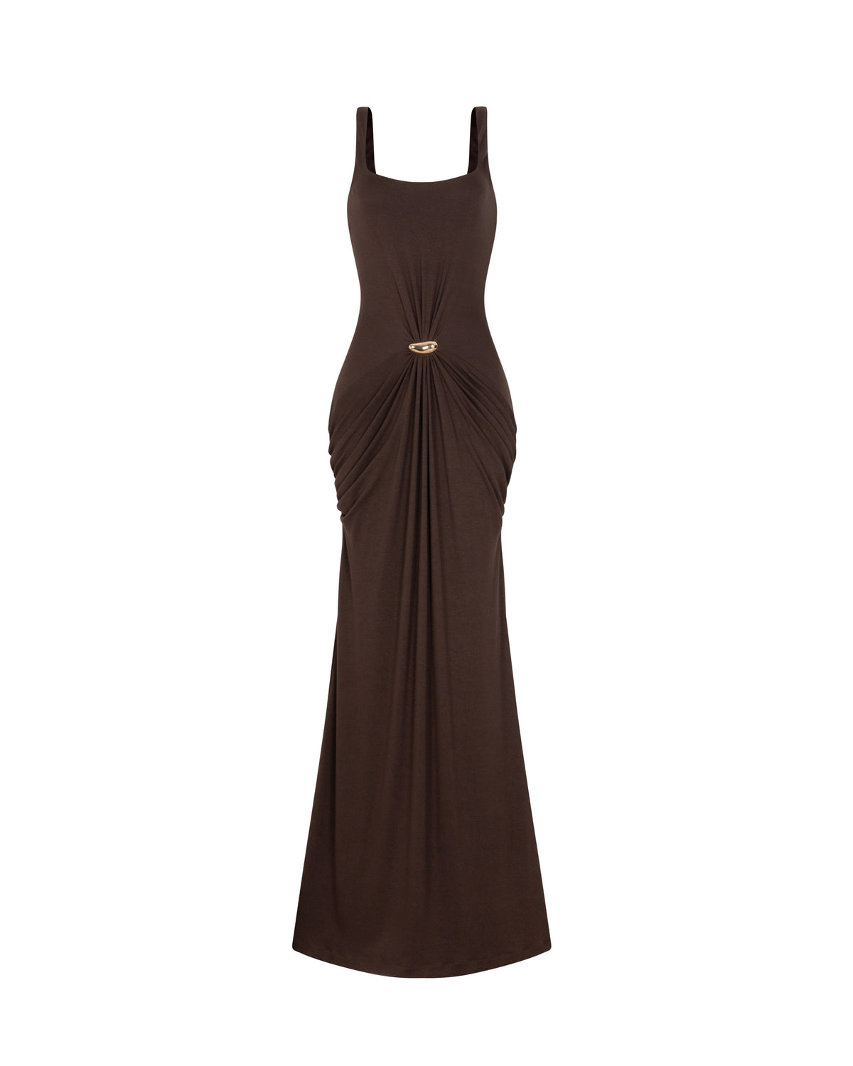 (PRE-ORDER) Brown Ruched Knit Dress With Gold Button