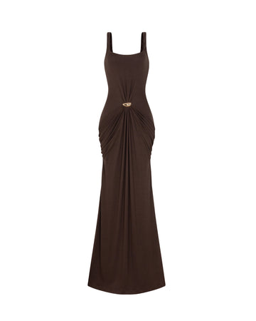 (PRE-ORDER) Brown Ruched Knit Dress With Gold Button