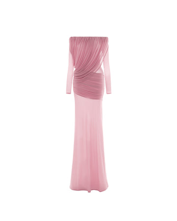 Off-Shoulder Draped Mesh Dress