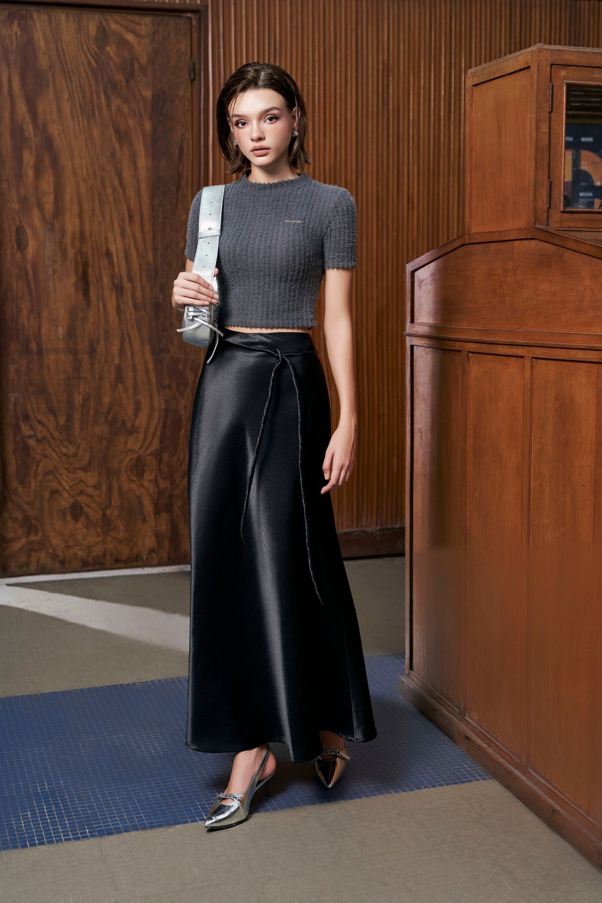 Silk Midi Long Skirt With Belt