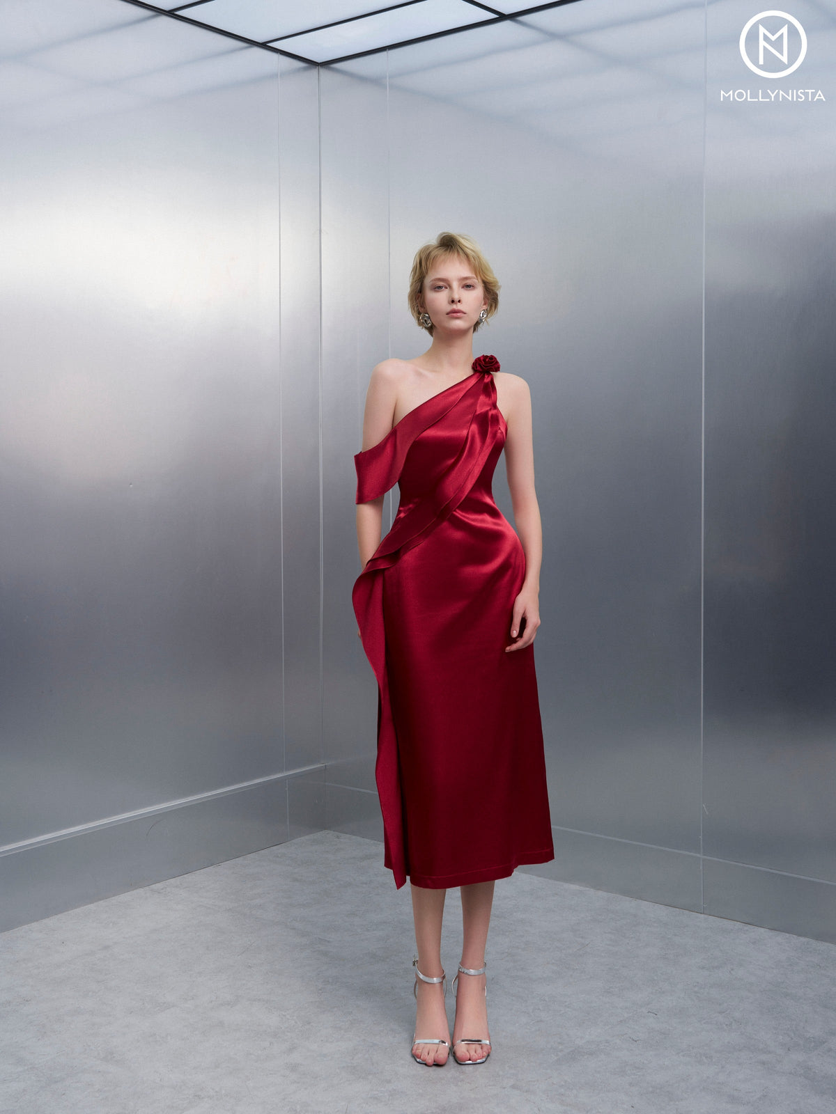 Red Silk Ruffle Dress