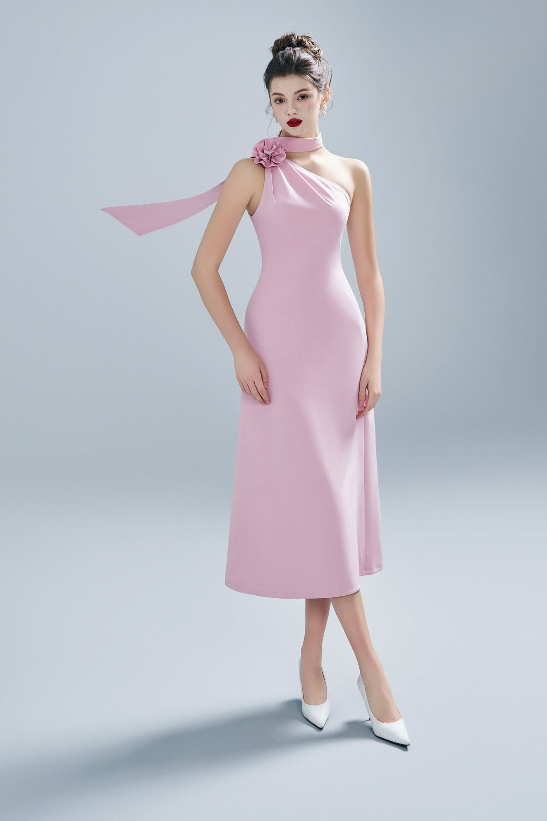 Pink Floral One-Shoulder Dress