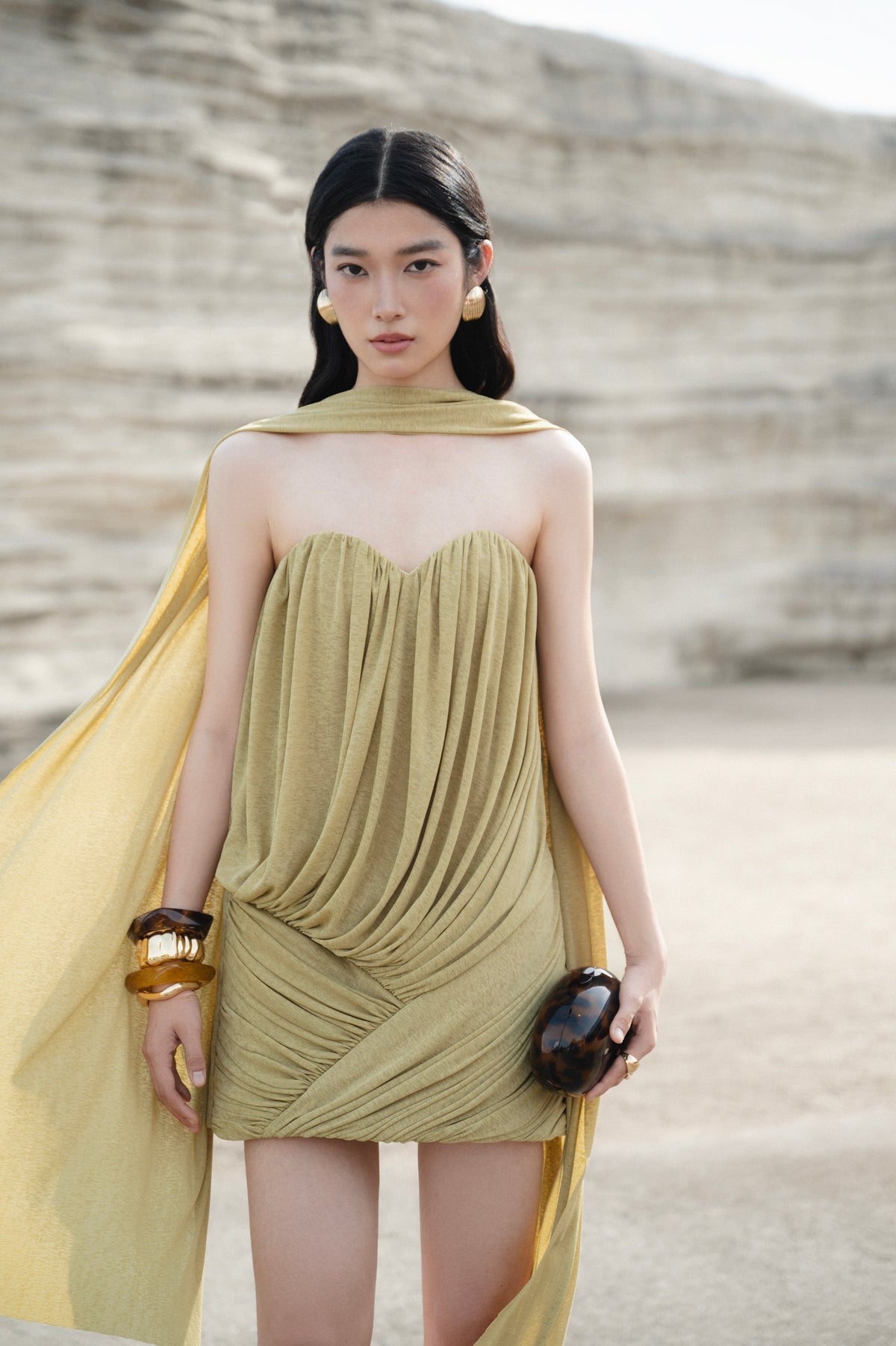 Pomelo Olive Strapless Ruched Mushroom Dress