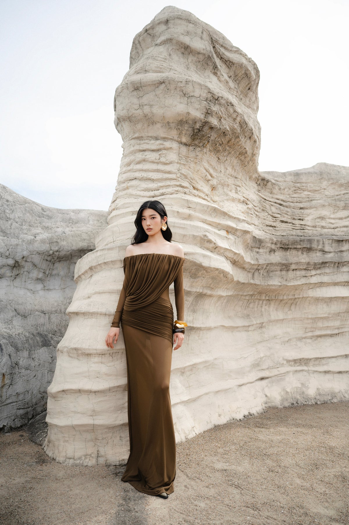 Off-Shoulder Draped Mesh Dress